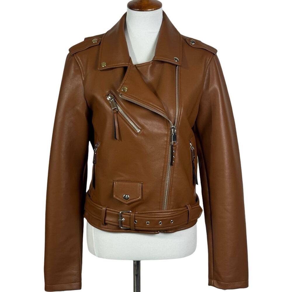 Rebecca Minkoff Women’s Brown Jeff Moto Vegan Leather Jacket Medium